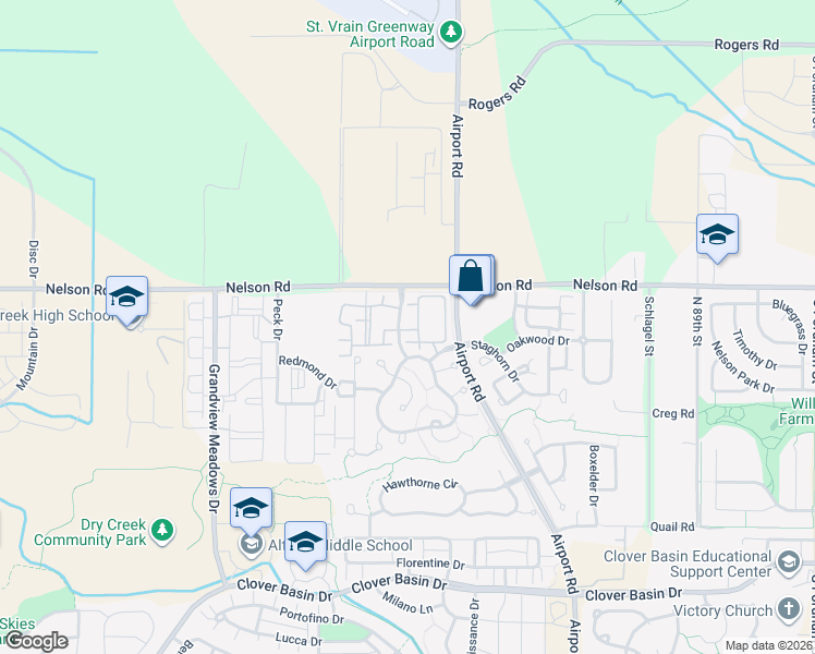map of restaurants, bars, coffee shops, grocery stores, and more near 626 Gooseberry Drive in Longmont