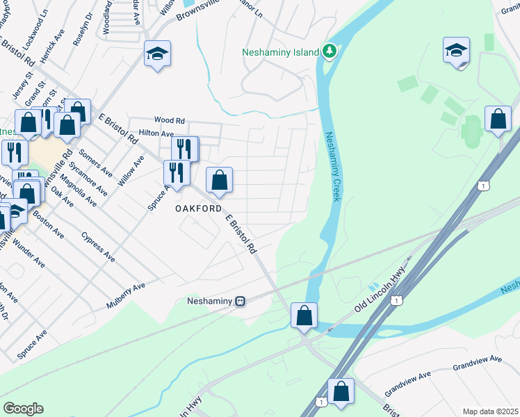 map of restaurants, bars, coffee shops, grocery stores, and more near 1228 Clayton Avenue in Bucks County