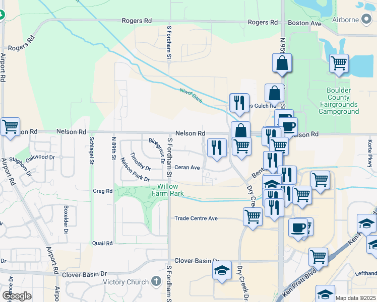 map of restaurants, bars, coffee shops, grocery stores, and more near 2727 Nelson Road in Longmont