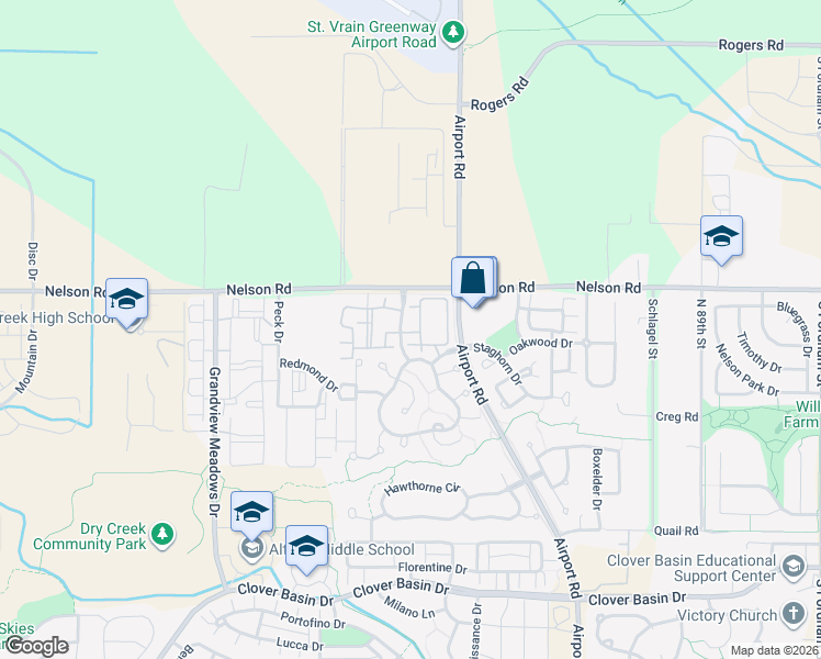 map of restaurants, bars, coffee shops, grocery stores, and more near 626 Gooseberry Drive in Longmont