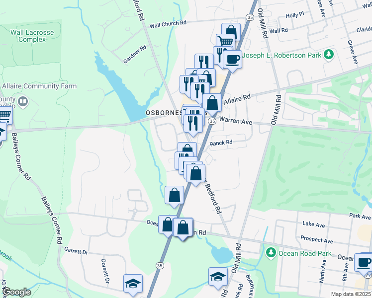 map of restaurants, bars, coffee shops, grocery stores, and more near 13 South Manor Court in Wall Township