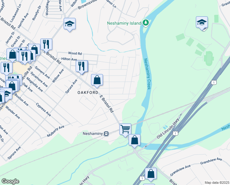 map of restaurants, bars, coffee shops, grocery stores, and more near 1228 Clayton Avenue in Bucks County