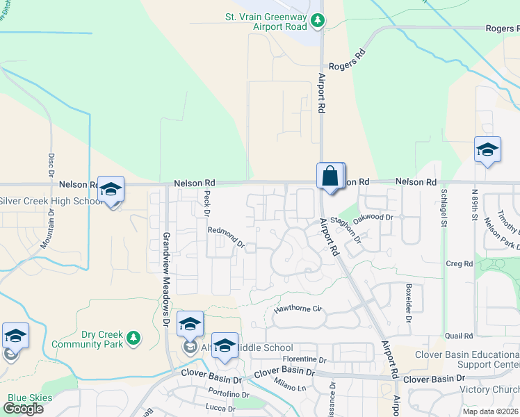 map of restaurants, bars, coffee shops, grocery stores, and more near 4501 Nelson Road in Longmont