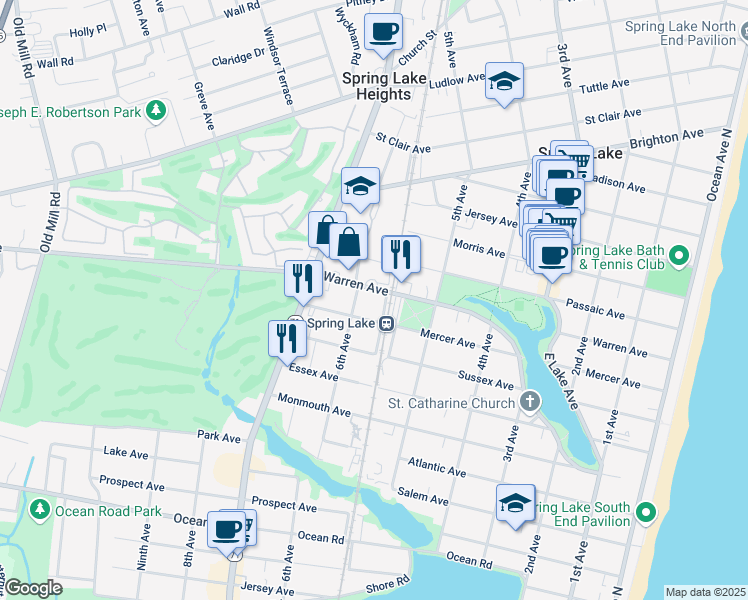 map of restaurants, bars, coffee shops, grocery stores, and more near 550 Warren Avenue in Spring Lake