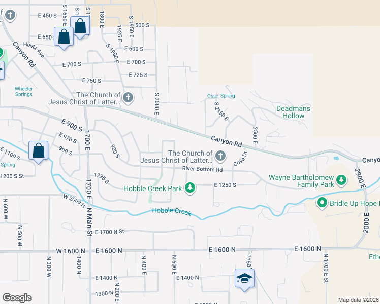 map of restaurants, bars, coffee shops, grocery stores, and more near 776 South 2200 East in Springville