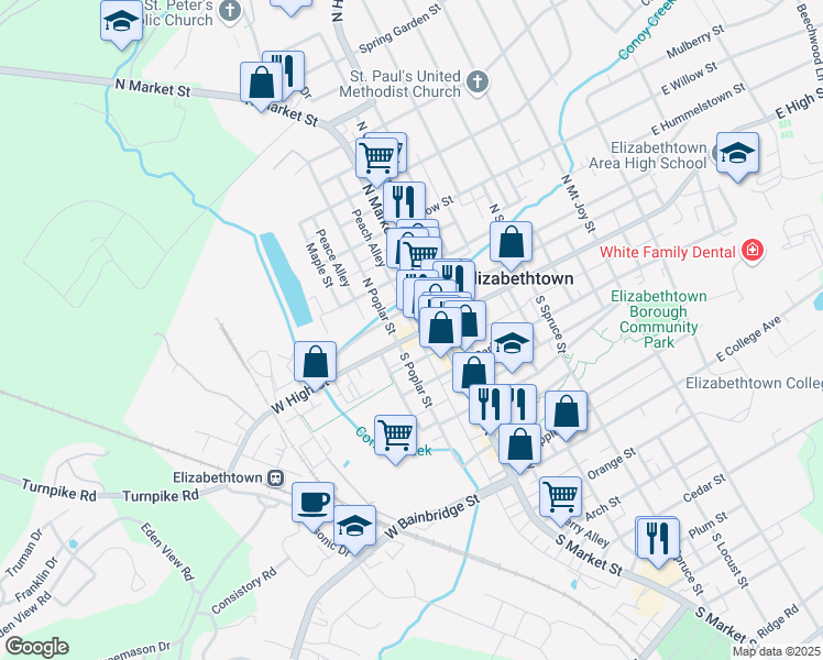 map of restaurants, bars, coffee shops, grocery stores, and more near 27 West High Street in Elizabethtown