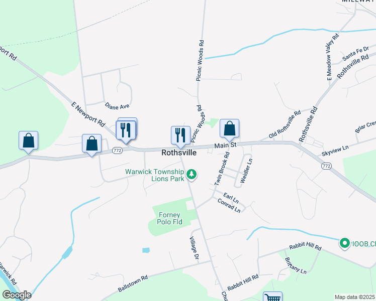 map of restaurants, bars, coffee shops, grocery stores, and more near 2042 Main Street in Lititz