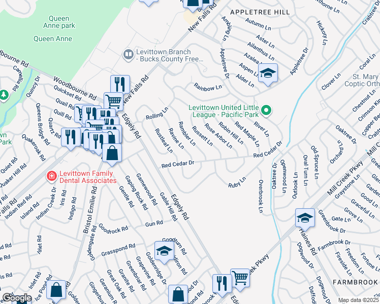 map of restaurants, bars, coffee shops, grocery stores, and more near 18 Ravine Lane in Levittown
