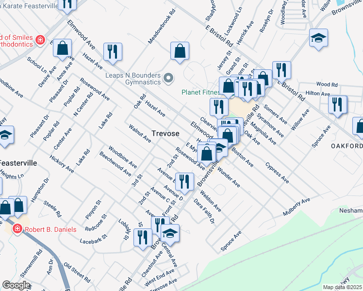 map of restaurants, bars, coffee shops, grocery stores, and more near 549 East Myrtle Avenue in Trevose