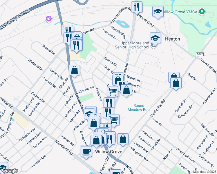 map of restaurants, bars, coffee shops, grocery stores, and more near 502 Crown Street in Willow Grove