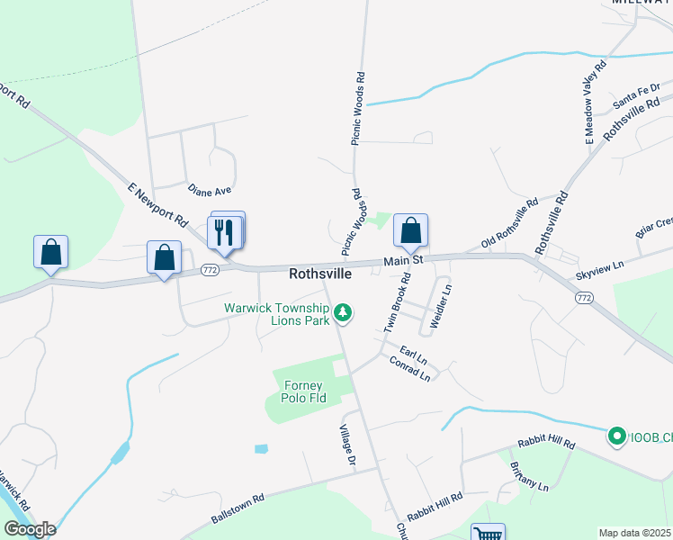 map of restaurants, bars, coffee shops, grocery stores, and more near 2042 Main Street in Lititz