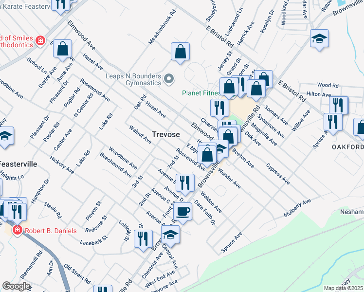 map of restaurants, bars, coffee shops, grocery stores, and more near 549 East Myrtle Avenue in Trevose