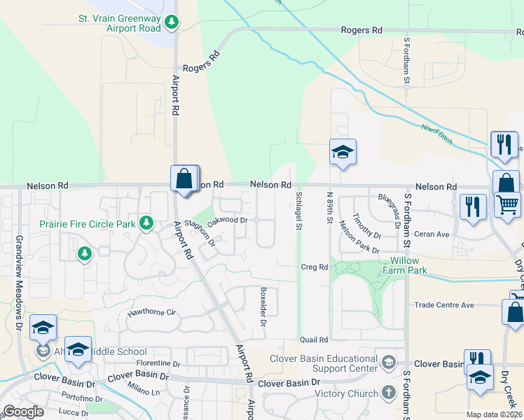 map of restaurants, bars, coffee shops, grocery stores, and more near 620 Stonebridge Drive in Longmont