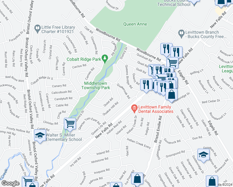 map of restaurants, bars, coffee shops, grocery stores, and more near 99 Quaker Hill Road in Levittown