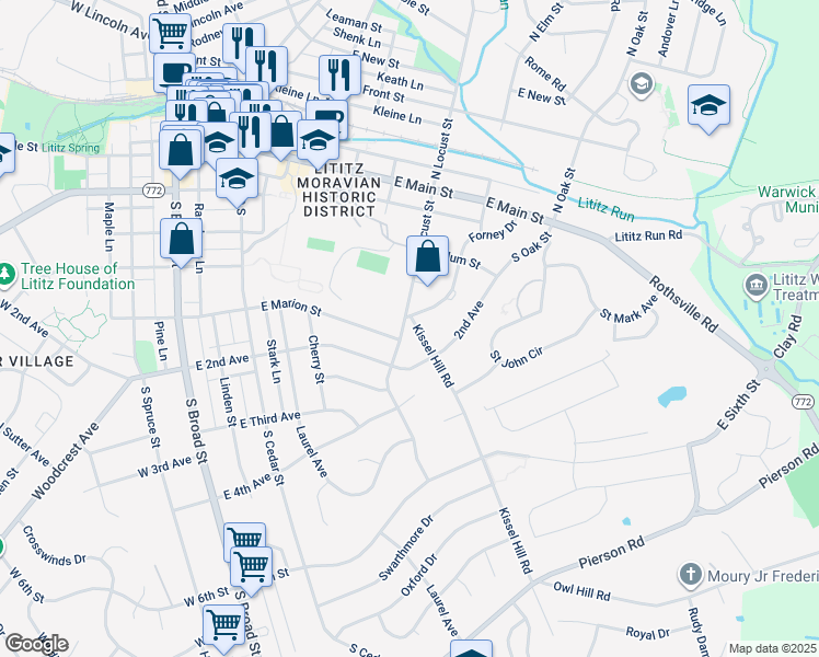 map of restaurants, bars, coffee shops, grocery stores, and more near 301 South Locust Street in Lititz