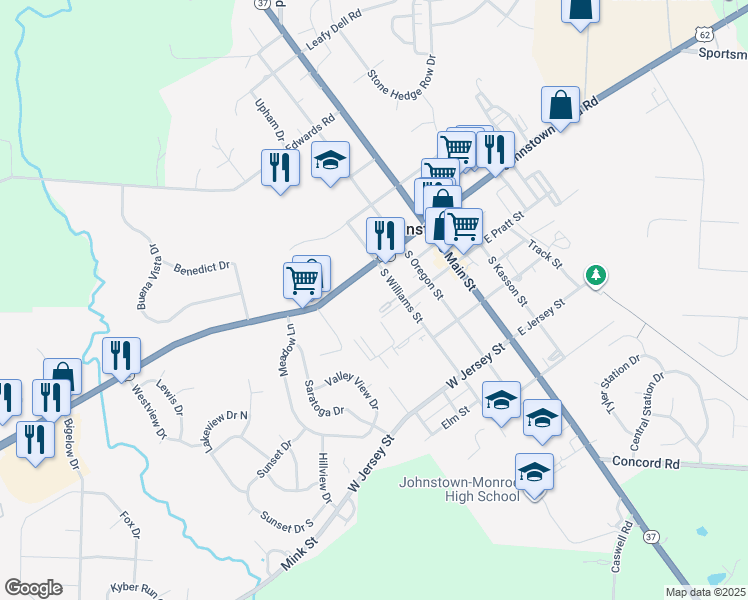 map of restaurants, bars, coffee shops, grocery stores, and more near 65 South Williams Street in Johnstown