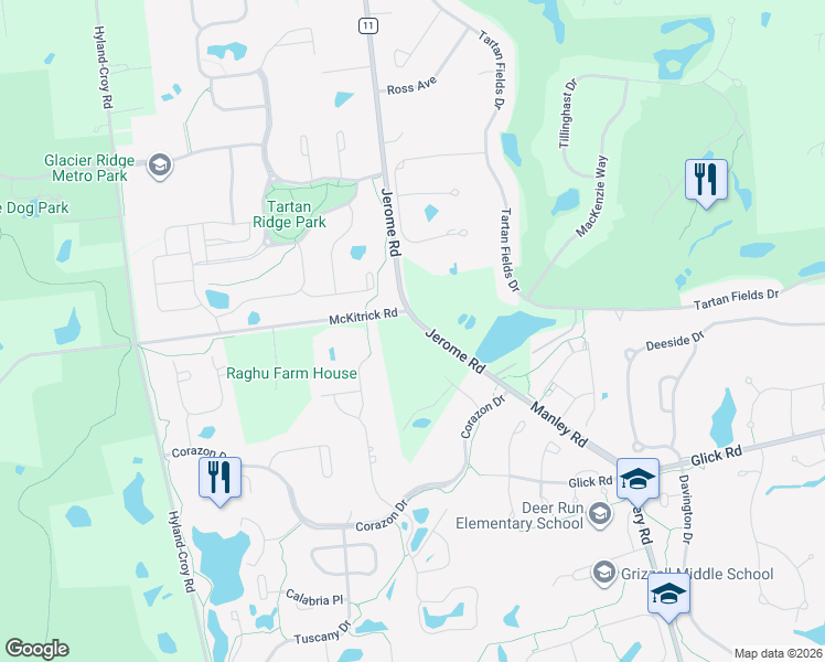 map of restaurants, bars, coffee shops, grocery stores, and more near 9447 Jerome Road in Dublin