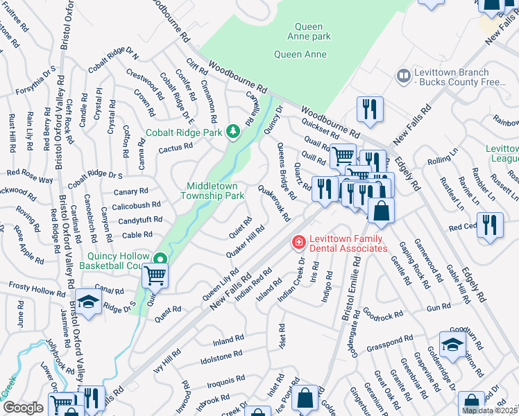 map of restaurants, bars, coffee shops, grocery stores, and more near 99 Quaker Hill Road in Levittown
