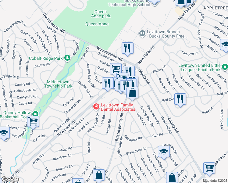 map of restaurants, bars, coffee shops, grocery stores, and more near 30 Quarry Road in Levittown