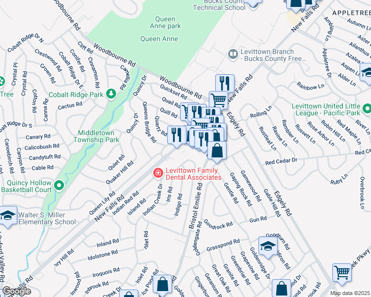 map of restaurants, bars, coffee shops, grocery stores, and more near 30 Quarry Road in Levittown
