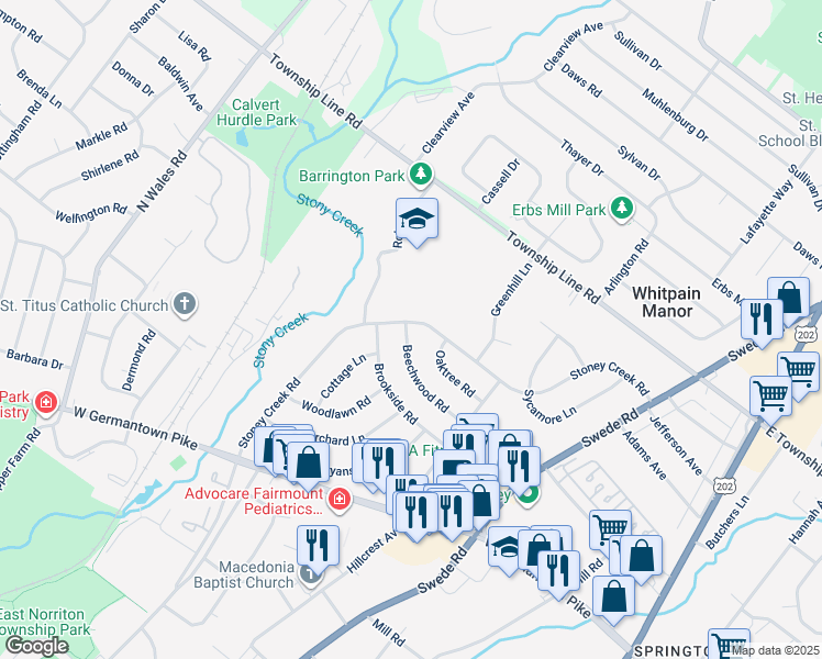 map of restaurants, bars, coffee shops, grocery stores, and more near 233 Beechwood Road in Norristown