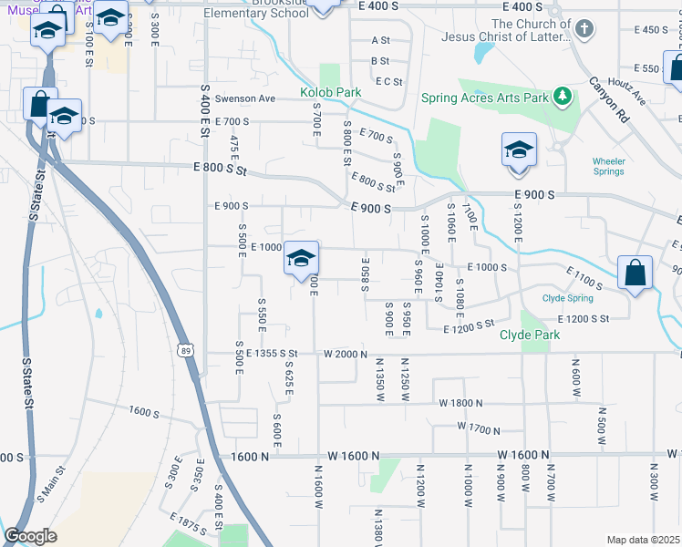 map of restaurants, bars, coffee shops, grocery stores, and more near 760 East 1000 South in Springville
