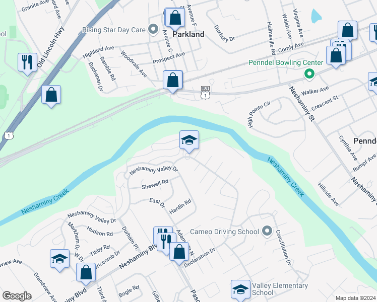 map of restaurants, bars, coffee shops, grocery stores, and more near 3005 Fuller Turn in Bensalem