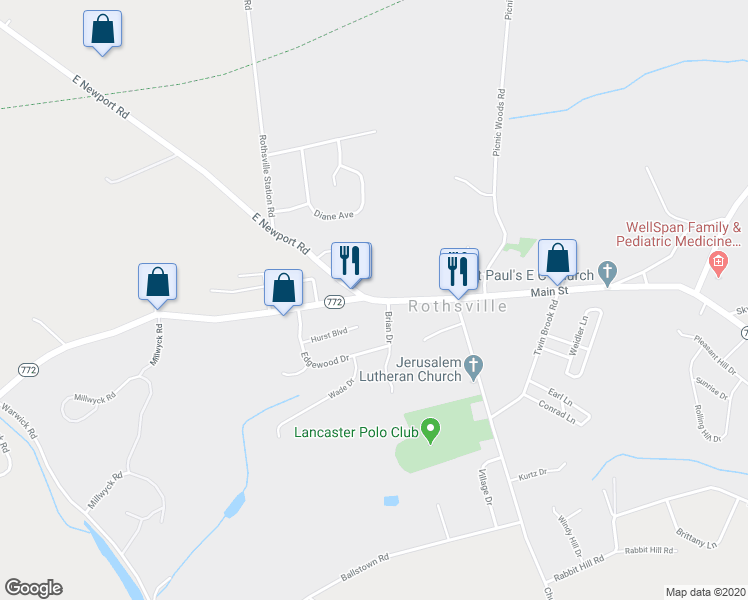 map of restaurants, bars, coffee shops, grocery stores, and more near 2005 Main Street in Lititz