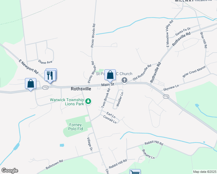 map of restaurants, bars, coffee shops, grocery stores, and more near 2101 Main Street in Lititz