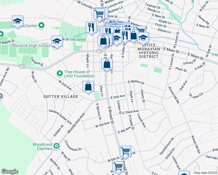 map of restaurants, bars, coffee shops, grocery stores, and more near 243 South Broad Street in Lititz