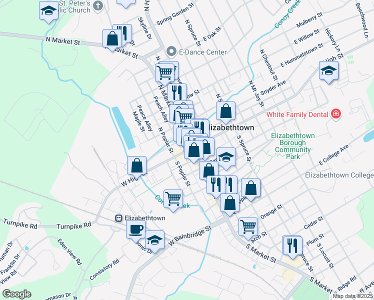 map of restaurants, bars, coffee shops, grocery stores, and more near 15 North Market Street in Elizabethtown