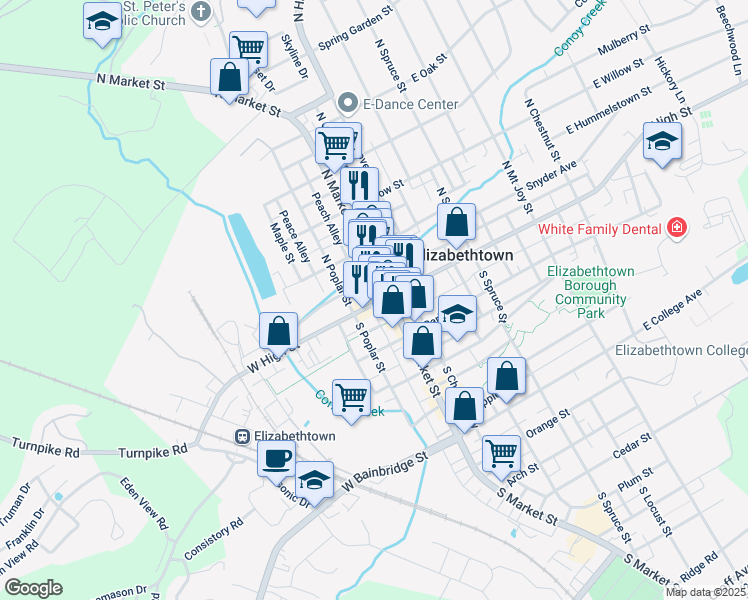 map of restaurants, bars, coffee shops, grocery stores, and more near 15 North Market Street in Elizabethtown