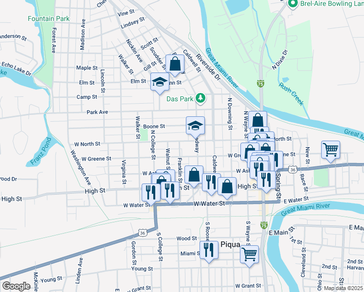 map of restaurants, bars, coffee shops, grocery stores, and more near 503 West North Street in Piqua