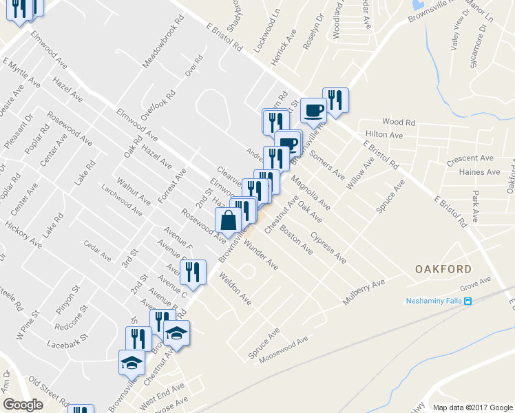 map of restaurants, bars, coffee shops, grocery stores, and more near 1808 Brownsville Road in Feasterville-Trevose