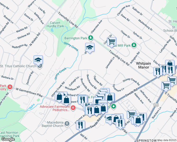 map of restaurants, bars, coffee shops, grocery stores, and more near 233 Beechwood Road in Norristown