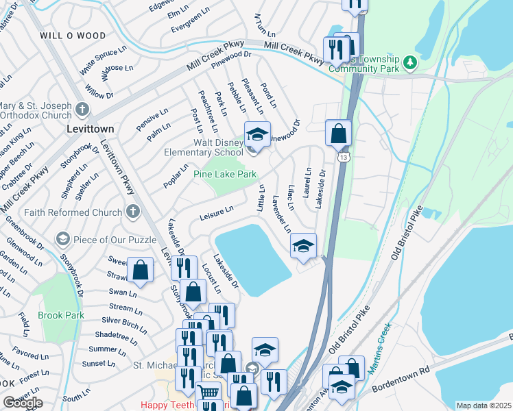 map of restaurants, bars, coffee shops, grocery stores, and more near 7 Little Lane in Levittown