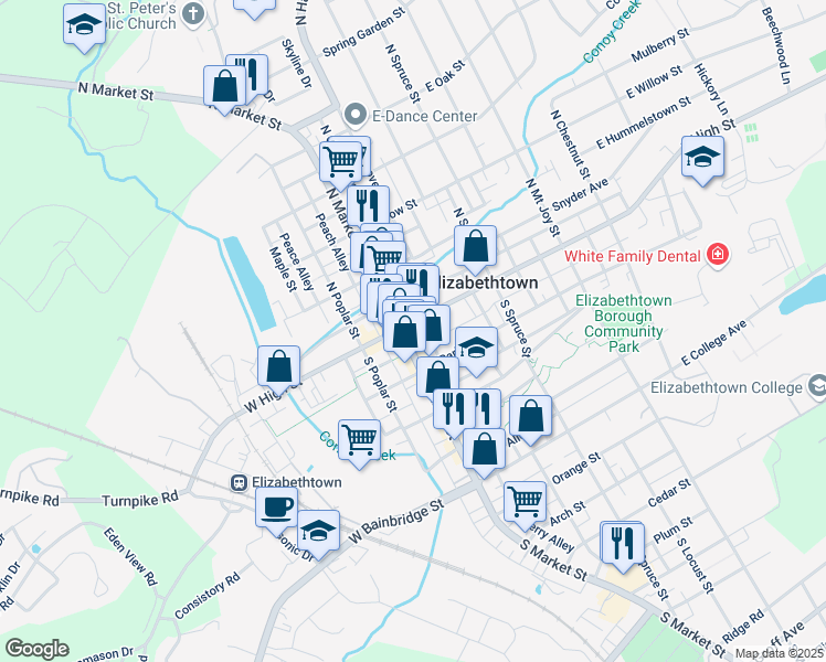 map of restaurants, bars, coffee shops, grocery stores, and more near 3 South Market Street in Elizabethtown