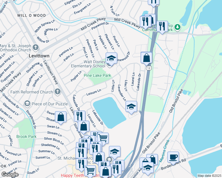 map of restaurants, bars, coffee shops, grocery stores, and more near 7 Little Lane in Levittown