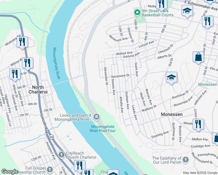 map of restaurants, bars, coffee shops, grocery stores, and more near 1015 Alexander Street in Monessen