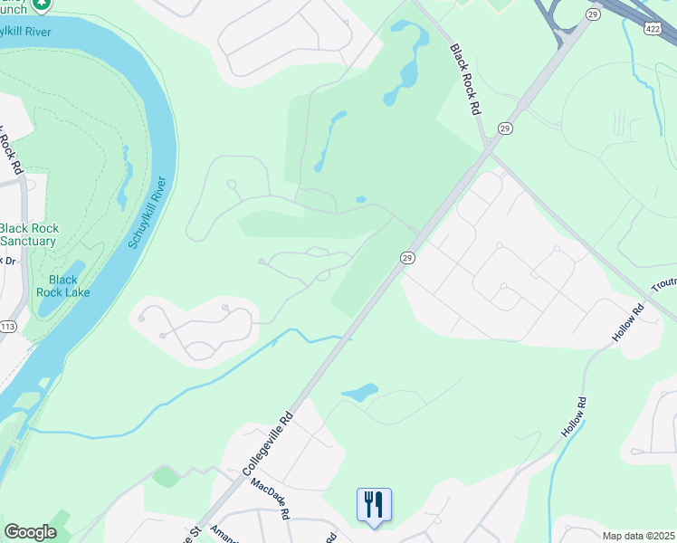 map of restaurants, bars, coffee shops, grocery stores, and more near 70 Mallard Court in Phoenixville