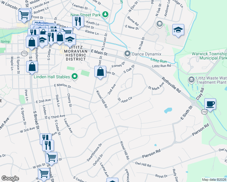 map of restaurants, bars, coffee shops, grocery stores, and more near 126 South Oak Street in Lititz