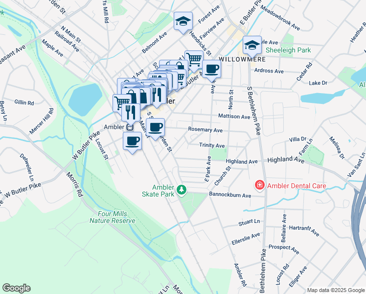 map of restaurants, bars, coffee shops, grocery stores, and more near 210 Trinity Avenue in Ambler
