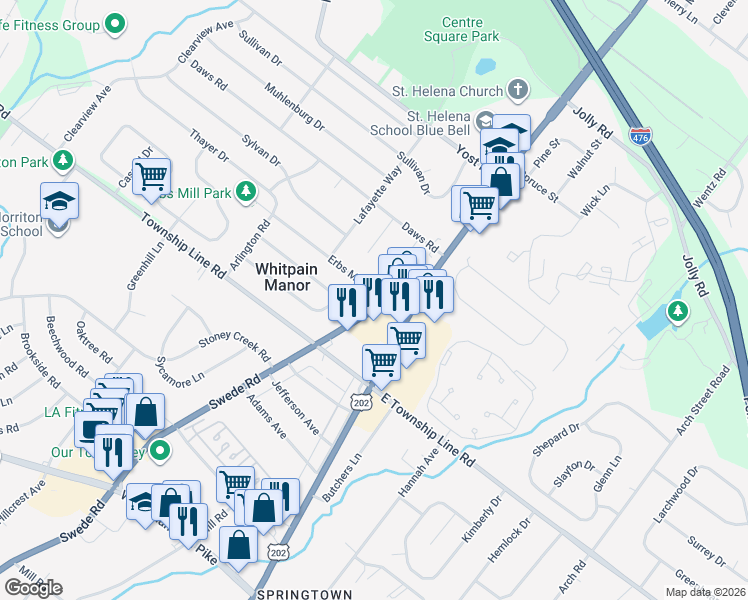 map of restaurants, bars, coffee shops, grocery stores, and more near 1411 Erbs Mill Road in Blue Bell