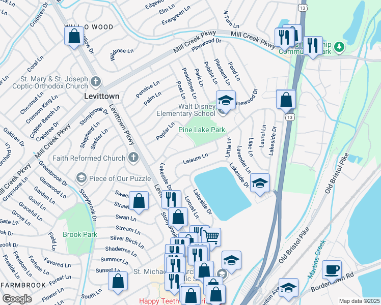 map of restaurants, bars, coffee shops, grocery stores, and more near 132 Lakeside Drive in Levittown
