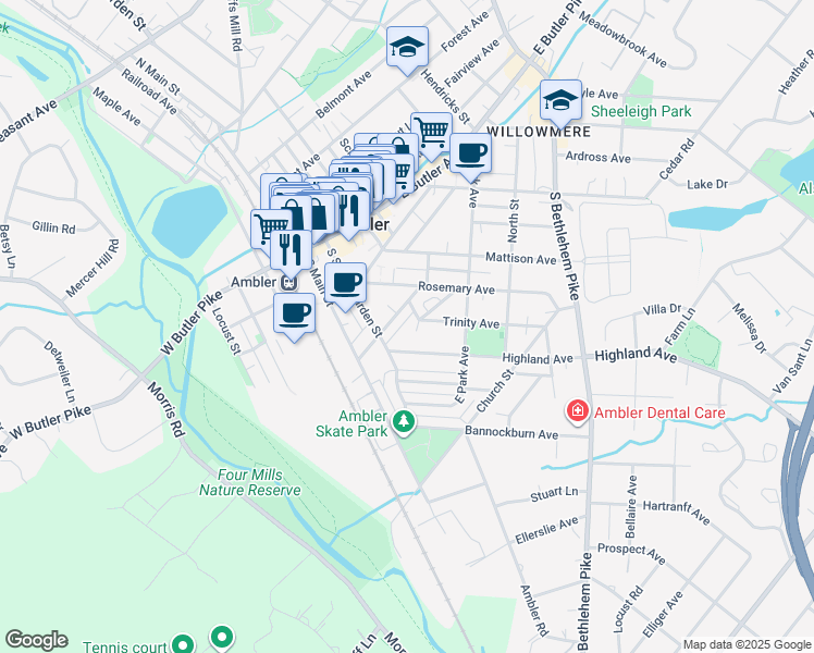 map of restaurants, bars, coffee shops, grocery stores, and more near 210 Trinity Avenue in Ambler