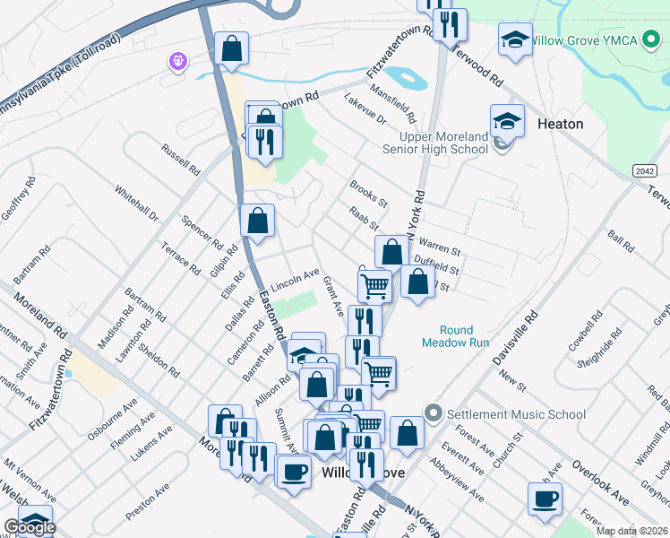 map of restaurants, bars, coffee shops, grocery stores, and more near 600 Crown Street in Willow Grove