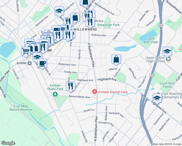 map of restaurants, bars, coffee shops, grocery stores, and more near in Ambler