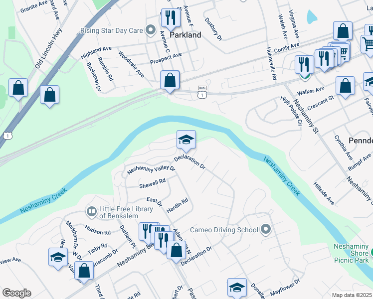 map of restaurants, bars, coffee shops, grocery stores, and more near 3005 Fuller Turn in Bensalem