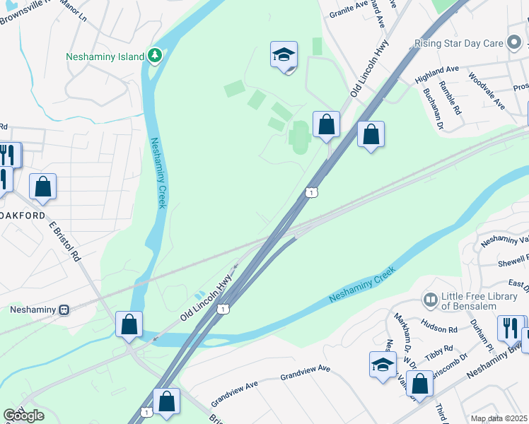 map of restaurants, bars, coffee shops, grocery stores, and more near 2155 Old Lincoln Highway in Langhorne
