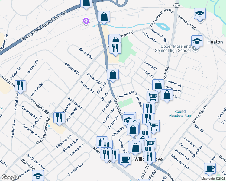 map of restaurants, bars, coffee shops, grocery stores, and more near 804A Easton Road in Willow Grove